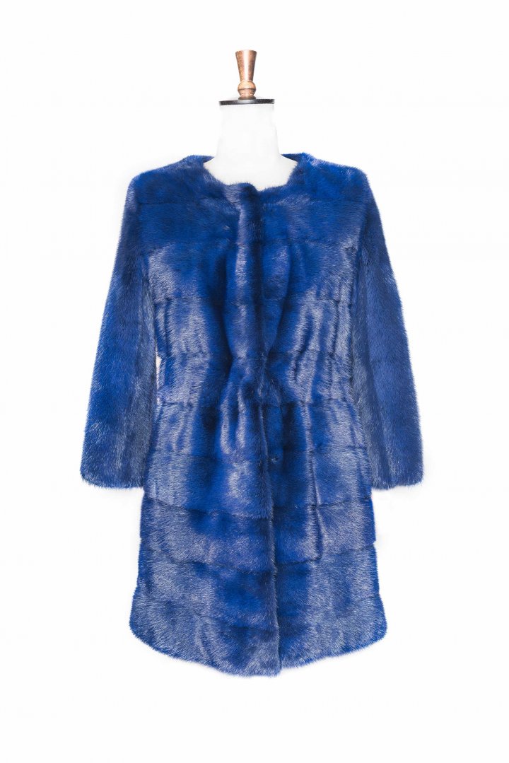 Collarless Blue Mink Coat - Thalia Furs